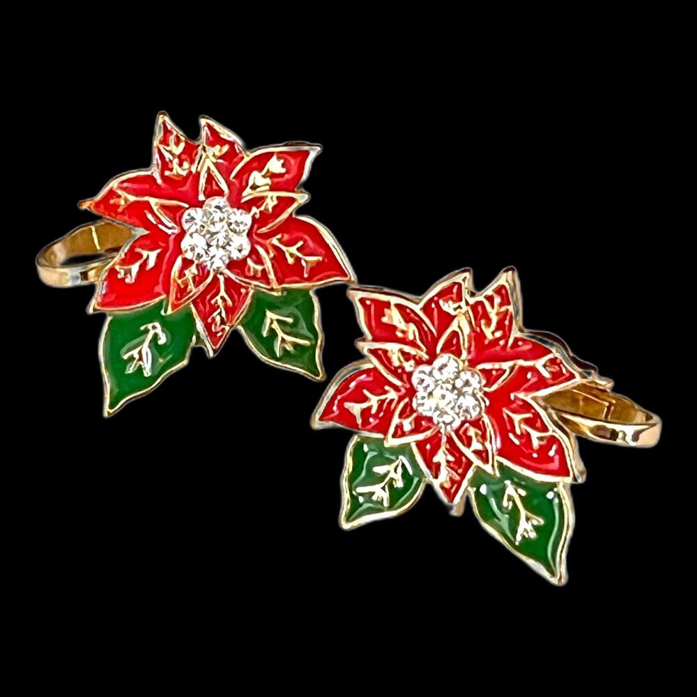 Vintage 1980s Christmas Earrings Poinsettia Enamel Flower Gold Tone Clip On - 2I